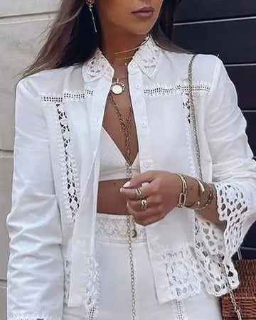 Yipinpay women's sets Contrast Lace Long Sleeve Top & High Waist Shorts Set set of two fashion pieces for women